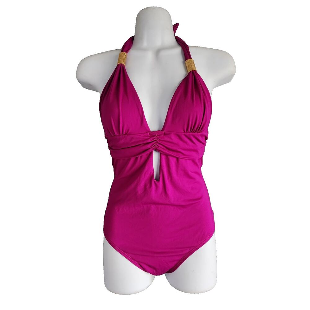 l*space Hollywood Glam Halter Gold Accent Straps keyhole cut out Swimsuit Sz 8